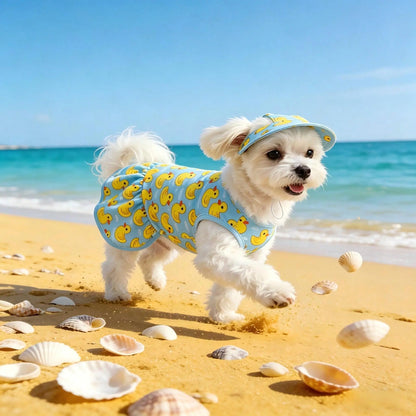 Pet Dog Dress, Blue & Yellow Duck Theme Pet Dress with Hat, Adorable Pet Summer Outfit, Suitable for Small/Medium Dogs and Cats, Spring/Summer Daily Beach Pool Wear for Dogs Cats Puppy, Puppy Clothes