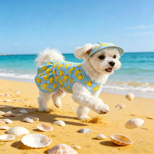 Pet Dog Dress, Blue & Yellow Duck Theme Pet Dress with Hat, Adorable Pet Summer Outfit, Suitable for Small/Medium Dogs and Cats, Spring/Summer Daily Beach Pool Wear for Dogs Cats Puppy, Puppy Clothes