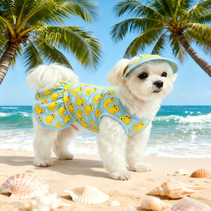 Pet Dog Dress, Blue & Yellow Duck Theme Pet Dress with Hat, Adorable Pet Summer Outfit, Suitable for Small/Medium Dogs and Cats, Spring/Summer Daily Beach Pool Wear for Dogs Cats Puppy, Puppy Clothes