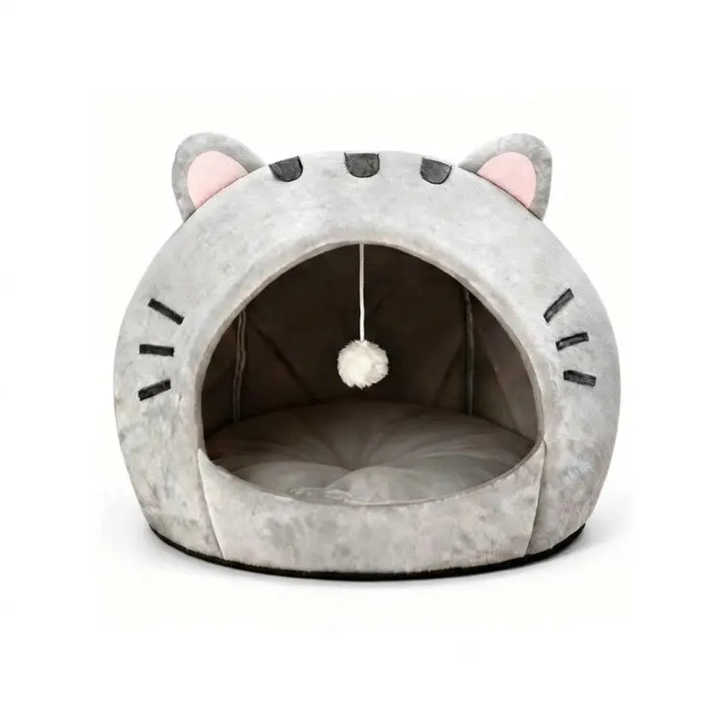 Soft Fabric Cat Sleeping Cave Bed - Kitten Condo with Hanging Toy, Detachable Washable Inner Pillow, Semi-Enclosed Secure Space Indoor Cartoon Print All-Season Breathable Cat House