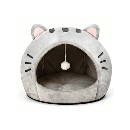 Soft Fabric Cat Sleeping Cave Bed - Kitten Condo with Hanging Toy, Detachable Washable Inner Pillow, Semi-Enclosed Secure Space Indoor Cartoon Print All-Season Breathable Cat House