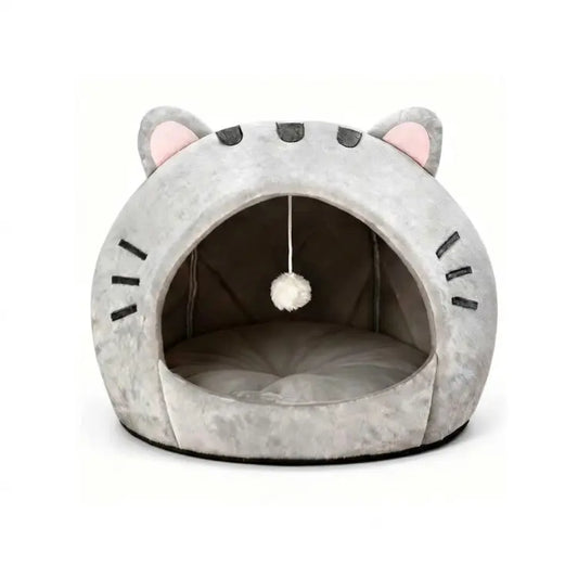 Soft Fabric Cat Sleeping Cave Bed - Kitten Condo with Hanging Toy, Detachable Washable Inner Pillow, Semi-Enclosed Secure Space Indoor Cartoon Print All-Season Breathable Cat House