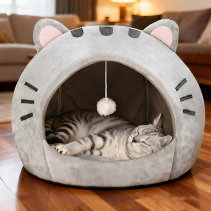 Soft Fabric Cat Sleeping Cave Bed - Kitten Condo with Hanging Toy, Detachable Washable Inner Pillow, Semi-Enclosed Secure Space Indoor Cartoon Print All-Season Breathable Cat House