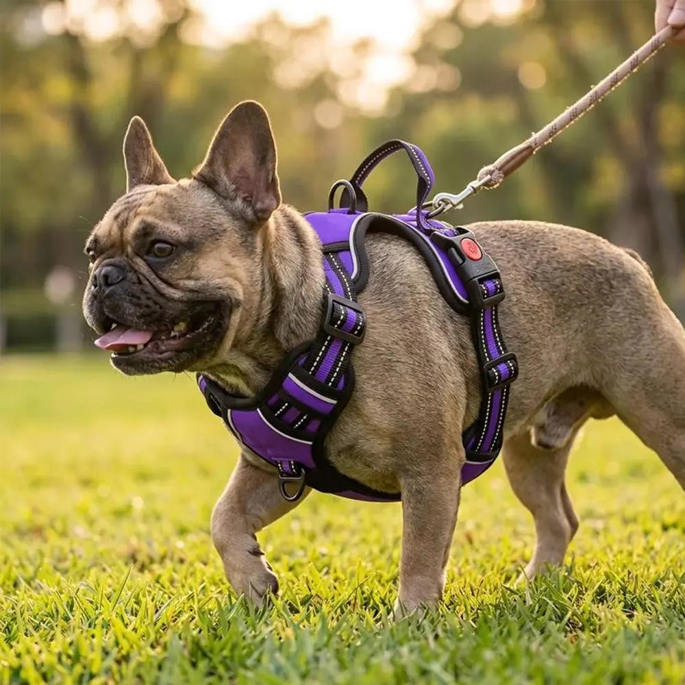 HELETY Purple 3-In-1 No-Pull Dog Vest Harness & Leash Set, Adjustable S-XL Sizes, Dual Front & Back D-Ring Clips, 360° 3M Reflective, Padded Chest, Oxford Fabric, Night Safety, Built-In Poop Bag Holder, Tangle-Free Cooling Step-Design Strap Running Bungee