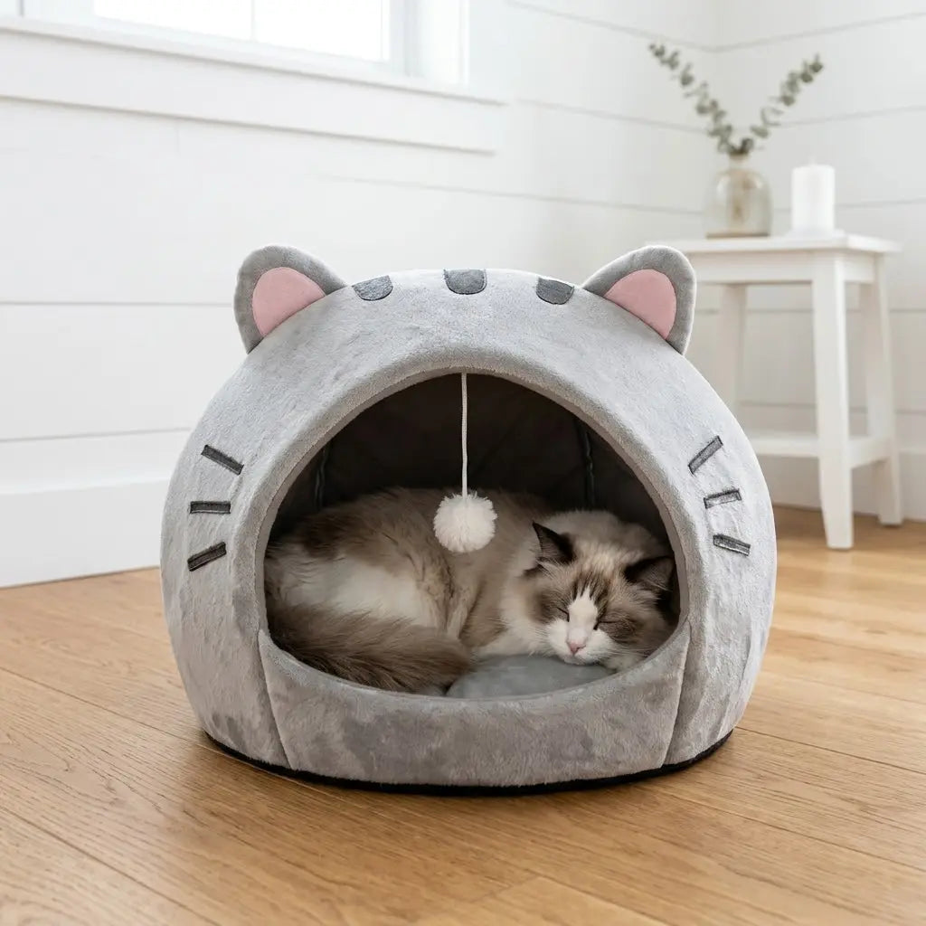 Soft Fabric Cat Sleeping Cave Bed - Kitten Condo with Hanging Toy, Detachable Washable Inner Pillow, Semi-Enclosed Secure Space Indoor Cartoon Print All-Season Breathable Cat House