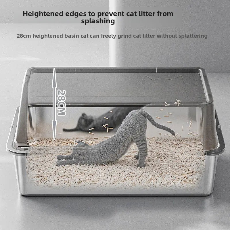 Extra Large Stainless Steel Cat Litter Box with Elevated Anti-Splash Fence and Semi-Enclosed Design for Enhanced Sand Control and Effortless Maintenance