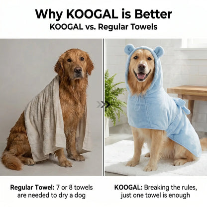 Koogal Quick Drying Ultra Absorbent Polyester Dog Bathrobe Towel - Adjustable Waistband, Cute Bear Ear Hood, 1-Size Fits 6-115 Lbs Dogs for Post-Bath Grooming Use,Silicone,Brush