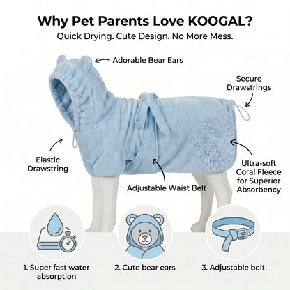 Koogal Quick Drying Ultra Absorbent Polyester Dog Bathrobe Towel - Adjustable Waistband, Cute Bear Ear Hood, 1-Size Fits 6-115 Lbs Dogs for Post-Bath Grooming Use,Silicone,Brush
