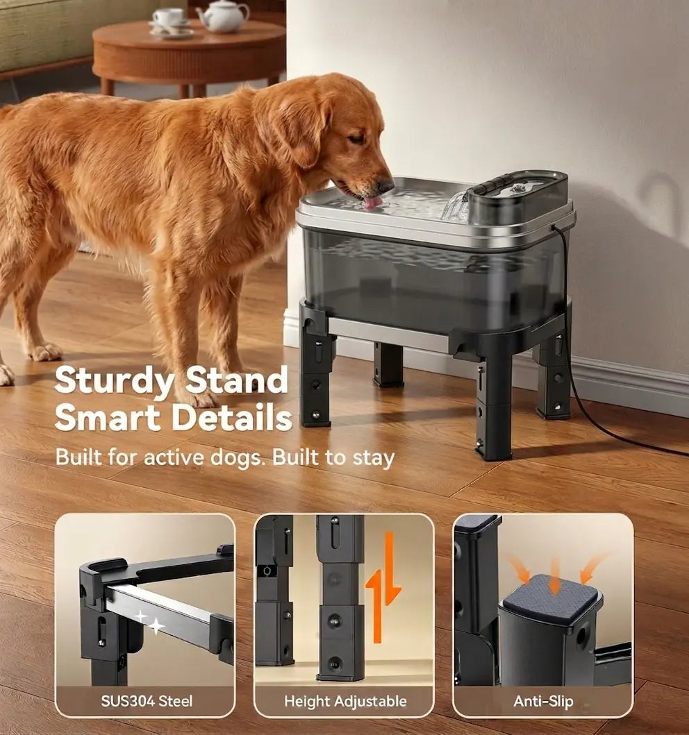 Height Adjustable Pet Water Fountain, 10L Large Capacity Elevated Dog Water Bowl with Filter, 4-Level Adjustable Stainless Steel Water Dispenser for Cats and Dogs, Ultra-Quiet Pet Fountain, No Spill Design