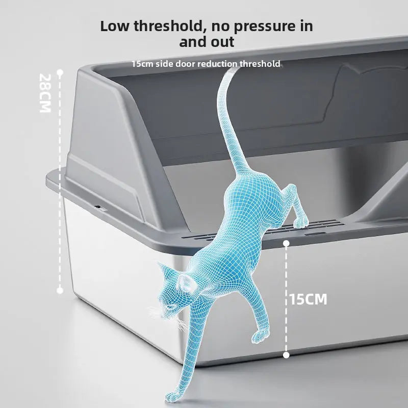 Extra Large Stainless Steel Cat Litter Box with Elevated Anti-Splash Fence and Semi-Enclosed Design for Enhanced Sand Control and Effortless Maintenance
