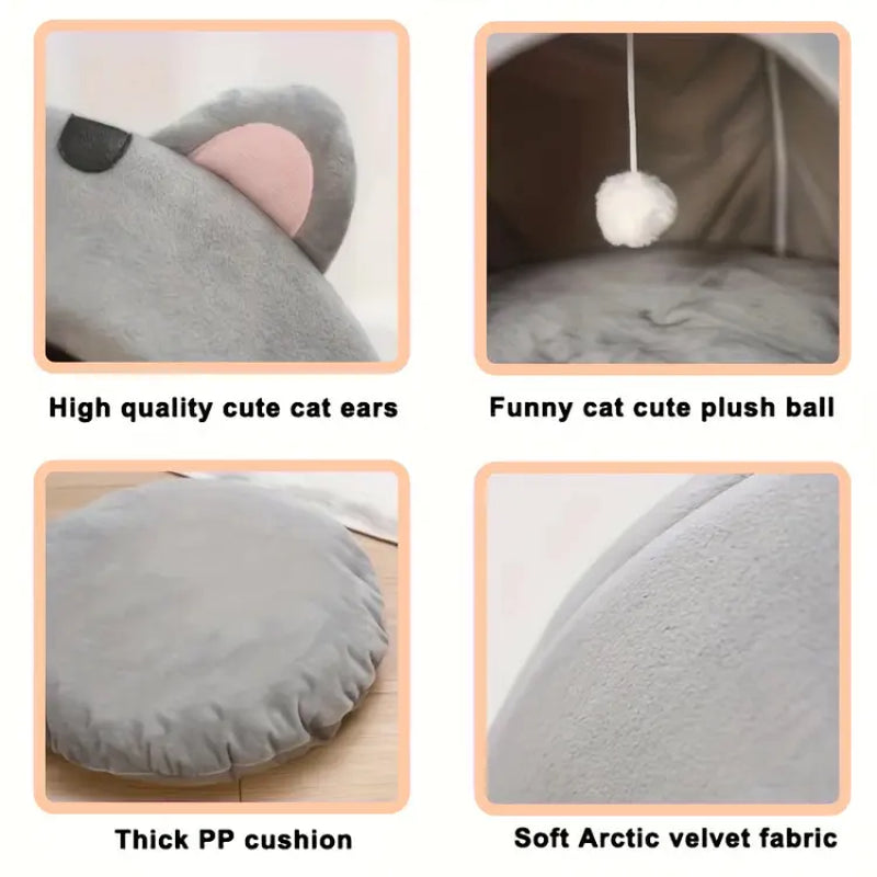 Soft Fabric Cat Sleeping Cave Bed - Kitten Condo with Hanging Toy, Detachable Washable Inner Pillow, Semi-Enclosed Secure Space Indoor Cartoon Print All-Season Breathable Cat House
