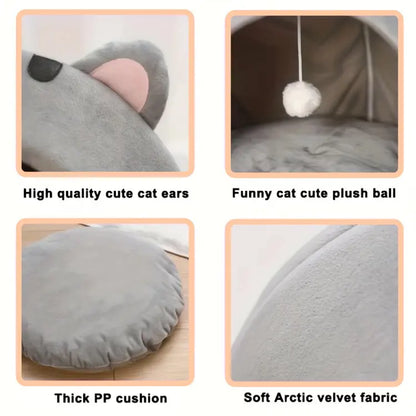 Soft Fabric Cat Sleeping Cave Bed - Kitten Condo with Hanging Toy, Detachable Washable Inner Pillow, Semi-Enclosed Secure Space Indoor Cartoon Print All-Season Breathable Cat House