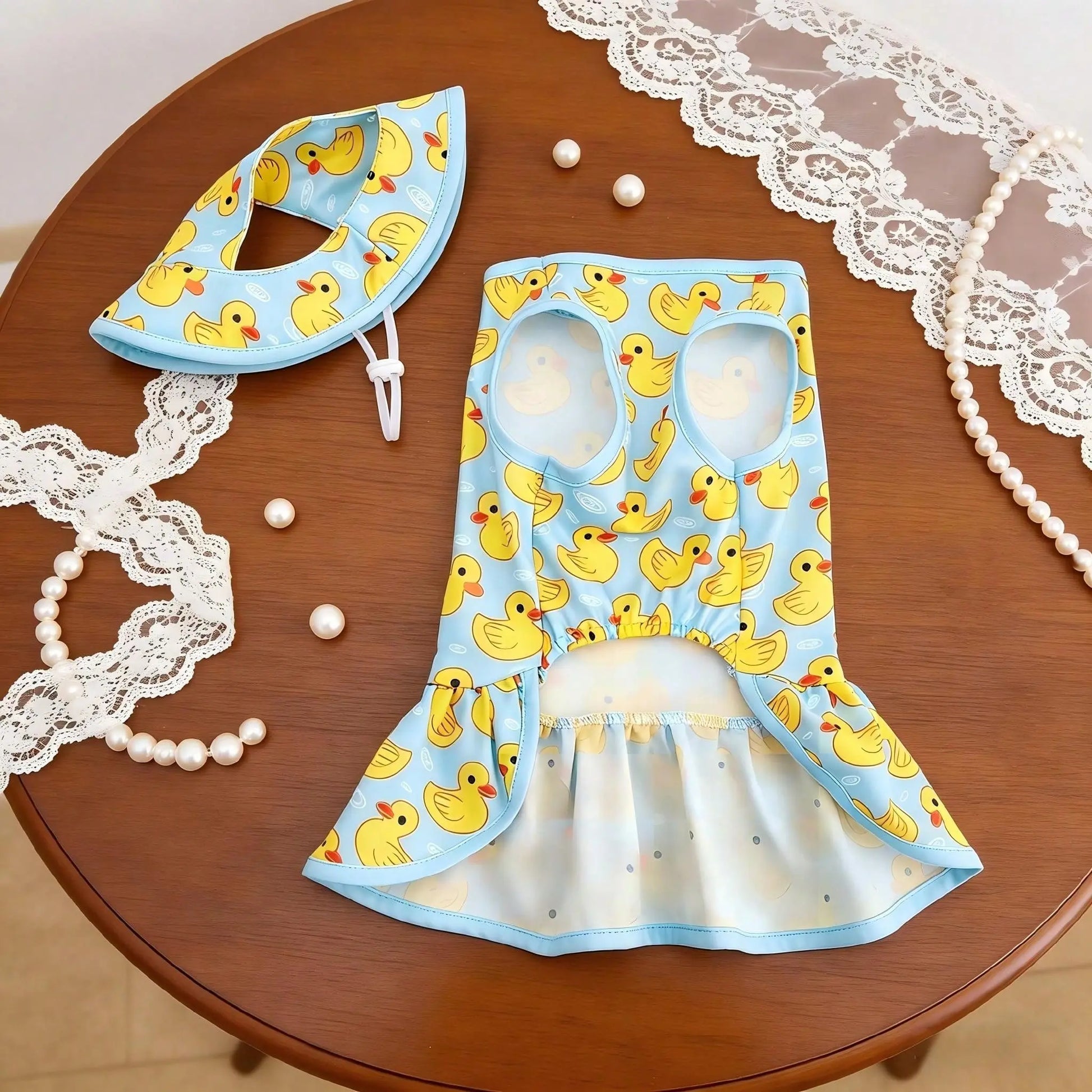 Pet Dog Dress, Blue & Yellow Duck Theme Pet Dress with Hat, Adorable Pet Summer Outfit, Suitable for Small/Medium Dogs and Cats, Spring/Summer Daily Beach Pool Wear for Dogs Cats Puppy, Puppy Clothes