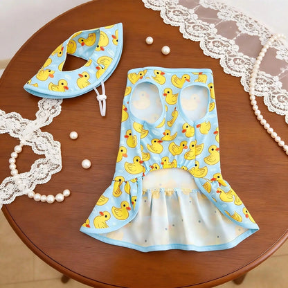 Pet Dog Dress, Blue & Yellow Duck Theme Pet Dress with Hat, Adorable Pet Summer Outfit, Suitable for Small/Medium Dogs and Cats, Spring/Summer Daily Beach Pool Wear for Dogs Cats Puppy, Puppy Clothes