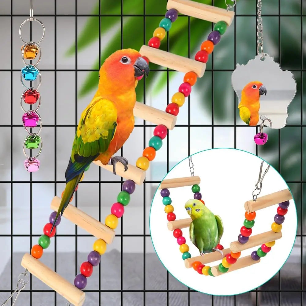 Bird Toys for Parakeets, Parrots, Conures, Cockatiels, Love Birds, Finches, Mynah, Budgerigar - 9 Count Wooden Ladder Bridge, Swing, Hammock, Cage Accessories