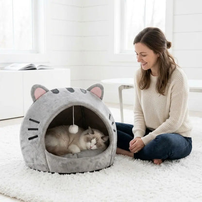 Soft Fabric Cat Sleeping Cave Bed - Kitten Condo with Hanging Toy, Detachable Washable Inner Pillow, Semi-Enclosed Secure Space Indoor Cartoon Print All-Season Breathable Cat House