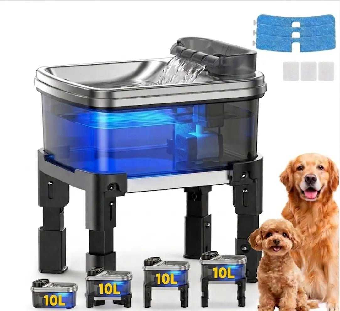 Height Adjustable Pet Water Fountain, 10L Large Capacity Elevated Dog Water Bowl with Filter, 4-Level Adjustable Stainless Steel Water Dispenser for Cats and Dogs, Ultra-Quiet Pet Fountain, No Spill Design