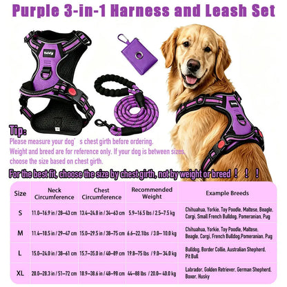 HELETY Purple 3-In-1 No-Pull Dog Vest Harness & Leash Set, Adjustable S-XL Sizes, Dual Front & Back D-Ring Clips, 360° 3M Reflective, Padded Chest, Oxford Fabric, Night Safety, Built-In Poop Bag Holder, Tangle-Free Cooling Step-Design Strap Running Bungee
