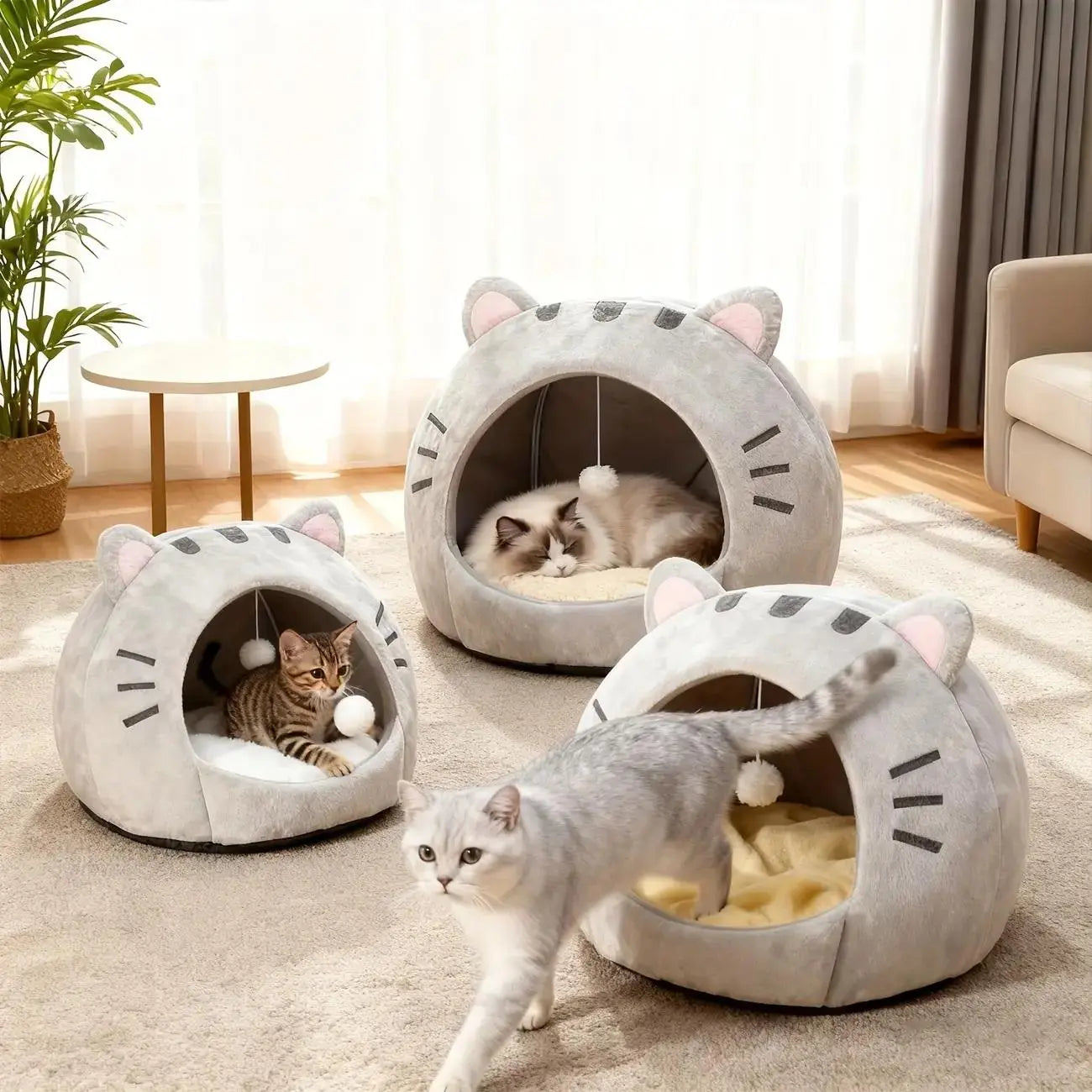 Soft Fabric Cat Sleeping Cave Bed - Kitten Condo with Hanging Toy, Detachable Washable Inner Pillow, Semi-Enclosed Secure Space Indoor Cartoon Print All-Season Breathable Cat House