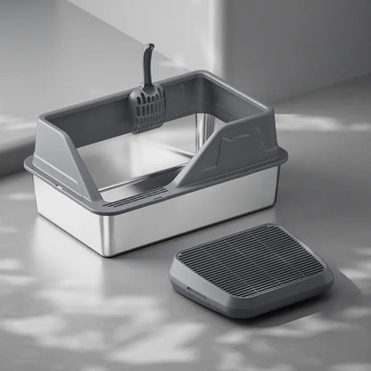 Extra Large Stainless Steel Cat Litter Box with Elevated Anti-Splash Fence and Semi-Enclosed Design for Enhanced Sand Control and Effortless Maintenance