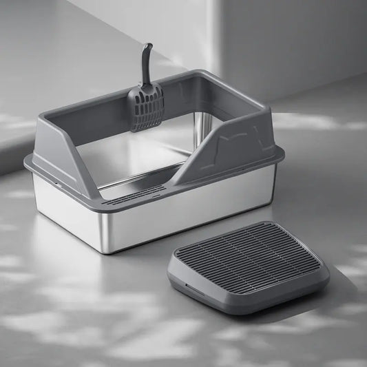 Extra Large Stainless Steel Cat Litter Box with Elevated Anti-Splash Fence and Semi-Enclosed Design for Enhanced Sand Control and Effortless Maintenance