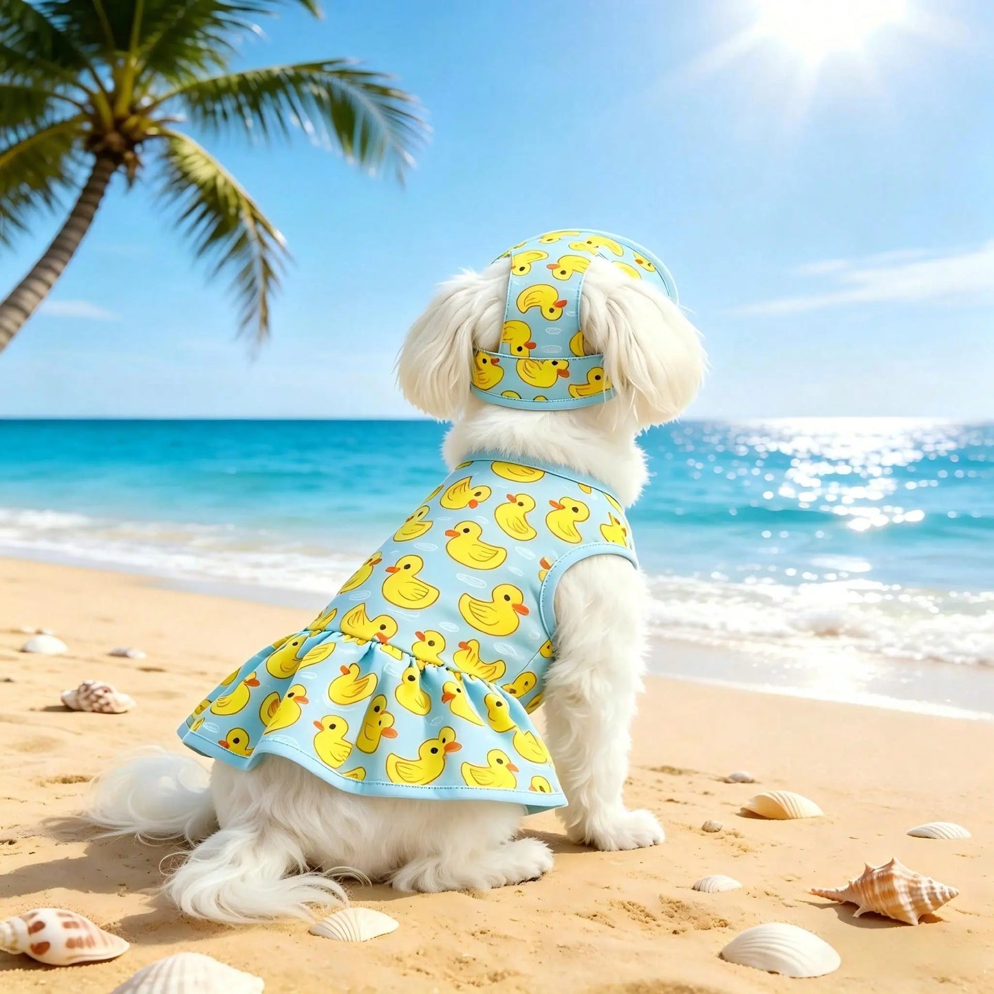 Pet Dog Dress, Blue & Yellow Duck Theme Pet Dress with Hat, Adorable Pet Summer Outfit, Suitable for Small/Medium Dogs and Cats, Spring/Summer Daily Beach Pool Wear for Dogs Cats Puppy, Puppy Clothes