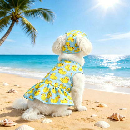 Pet Dog Dress, Blue & Yellow Duck Theme Pet Dress with Hat, Adorable Pet Summer Outfit, Suitable for Small/Medium Dogs and Cats, Spring/Summer Daily Beach Pool Wear for Dogs Cats Puppy, Puppy Clothes