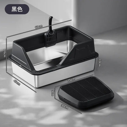 Extra Large Stainless Steel Cat Litter Box with Elevated Anti-Splash Fence and Semi-Enclosed Design for Enhanced Sand Control and Effortless Maintenance
