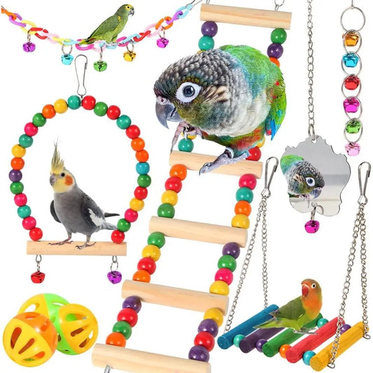 Bird Toys for Parakeets, Parrots, Conures, Cockatiels, Love Birds, Finches, Mynah, Budgerigar - 9 Count Wooden Ladder Bridge, Swing, Hammock, Cage Accessories