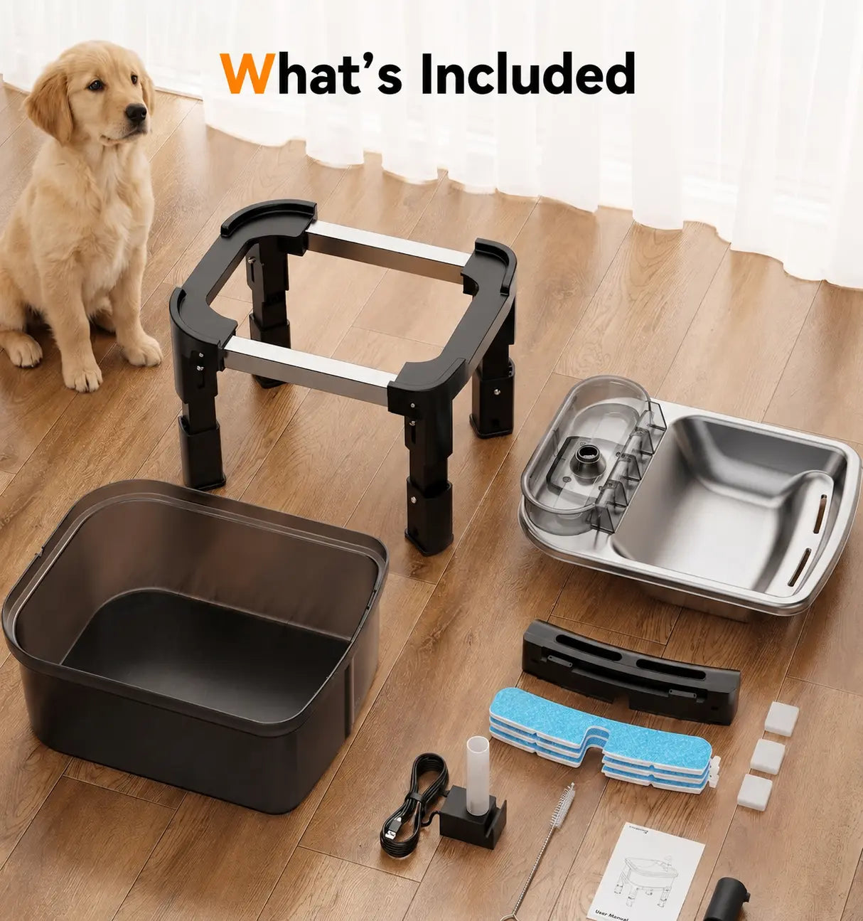 Height Adjustable Pet Water Fountain, 10L Large Capacity Elevated Dog Water Bowl with Filter, 4-Level Adjustable Stainless Steel Water Dispenser for Cats and Dogs, Ultra-Quiet Pet Fountain, No Spill Design