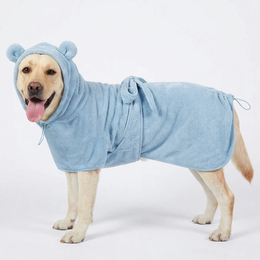 Koogal Quick Drying Ultra Absorbent Polyester Dog Bathrobe Towel - Adjustable Waistband, Cute Bear Ear Hood, 1-Size Fits 6-115 Lbs Dogs for Post-Bath Grooming Use,Silicone,Brush