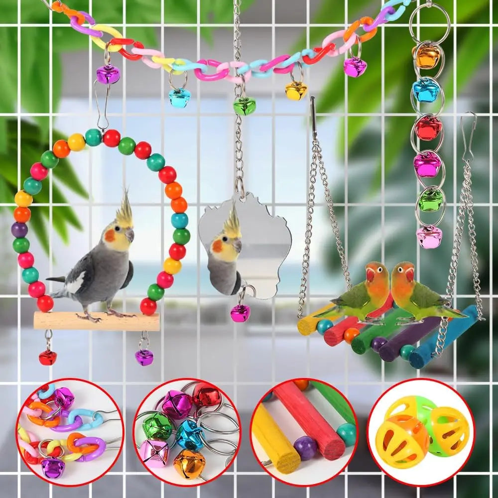Bird Toys for Parakeets, Parrots, Conures, Cockatiels, Love Birds, Finches, Mynah, Budgerigar - 9 Count Wooden Ladder Bridge, Swing, Hammock, Cage Accessories