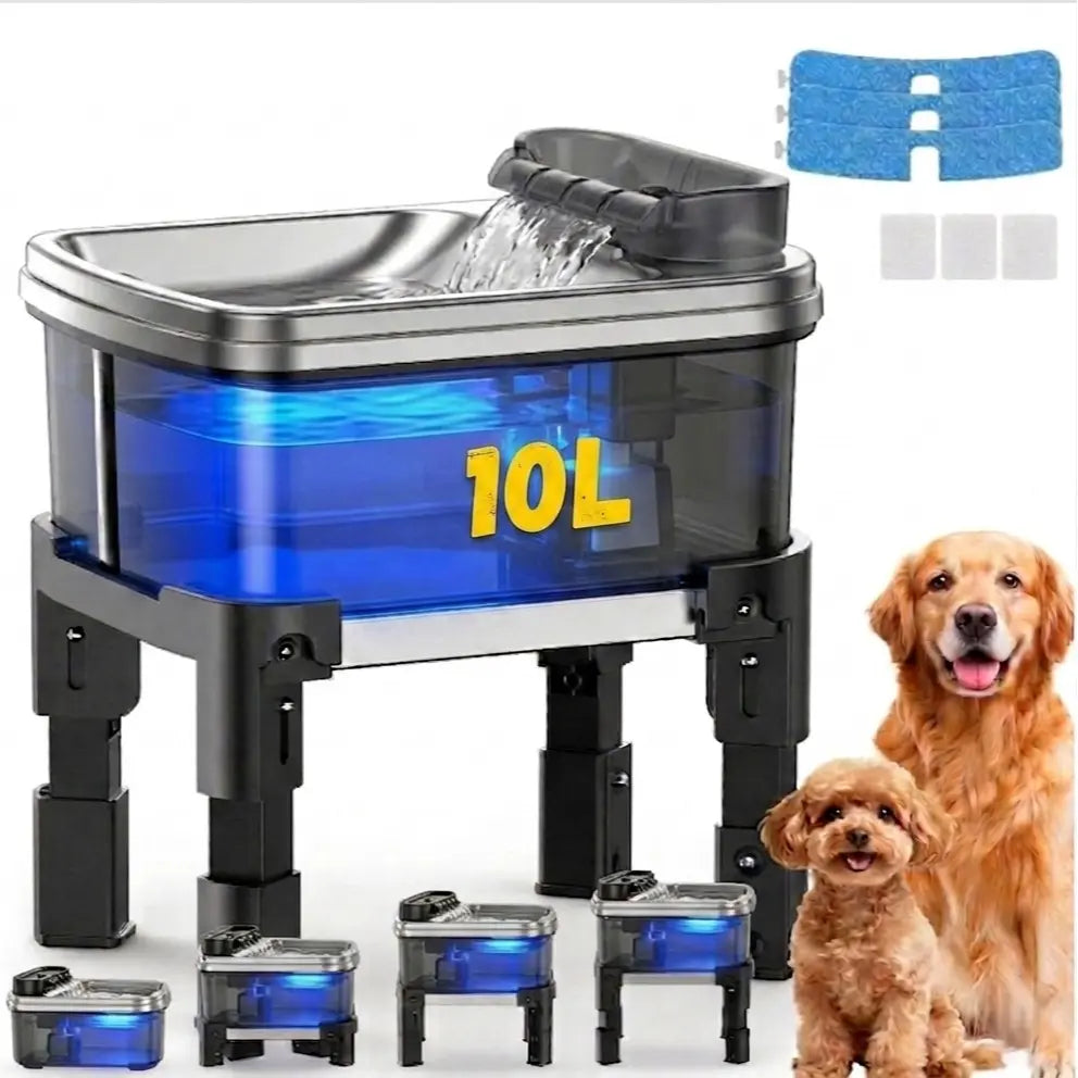 Height Adjustable Pet Water Fountain, 10L Large Capacity Elevated Dog Water Bowl with Filter, 4-Level Adjustable Stainless Steel Water Dispenser for Cats and Dogs, Ultra-Quiet Pet Fountain, No Spill Design