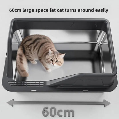 Extra Large Stainless Steel Cat Litter Box with Elevated Anti-Splash Fence and Semi-Enclosed Design for Enhanced Sand Control and Effortless Maintenance