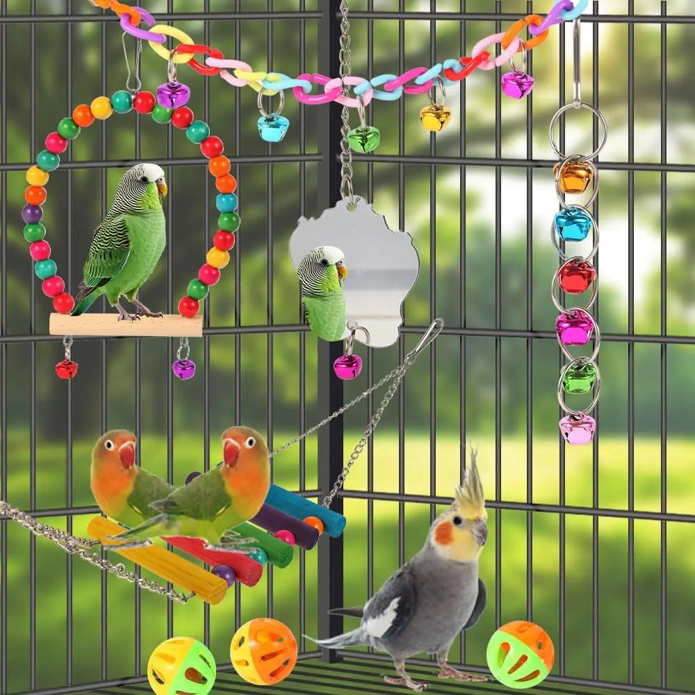 Bird Toys for Parakeets, Parrots, Conures, Cockatiels, Love Birds, Finches, Mynah, Budgerigar - 9 Count Wooden Ladder Bridge, Swing, Hammock, Cage Accessories