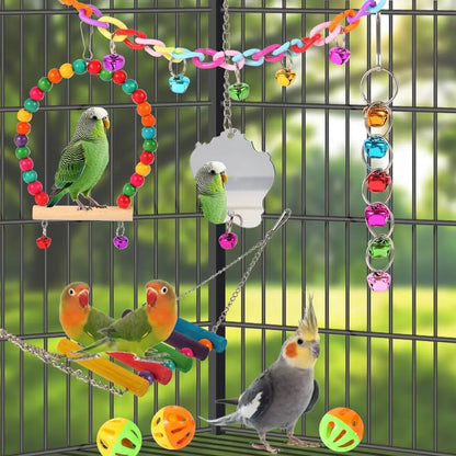 Bird Toys for Parakeets, Parrots, Conures, Cockatiels, Love Birds, Finches, Mynah, Budgerigar - 9 Count Wooden Ladder Bridge, Swing, Hammock, Cage Accessories