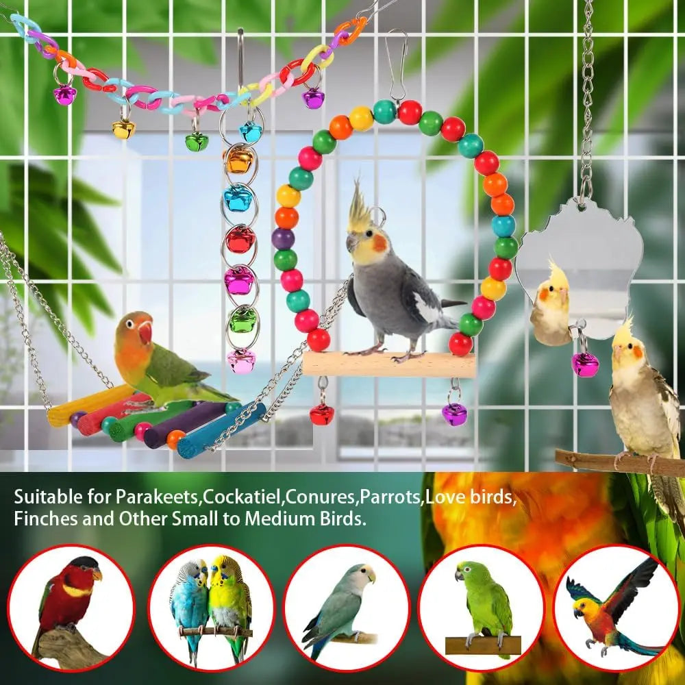 Bird Toys for Parakeets, Parrots, Conures, Cockatiels, Love Birds, Finches, Mynah, Budgerigar - 9 Count Wooden Ladder Bridge, Swing, Hammock, Cage Accessories