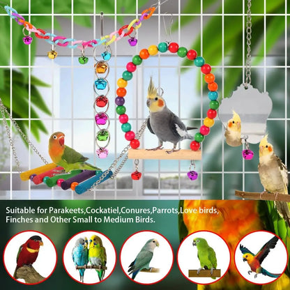 Bird Toys for Parakeets, Parrots, Conures, Cockatiels, Love Birds, Finches, Mynah, Budgerigar - 9 Count Wooden Ladder Bridge, Swing, Hammock, Cage Accessories