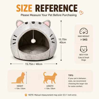 Soft Fabric Cat Sleeping Cave Bed - Kitten Condo with Hanging Toy, Detachable Washable Inner Pillow, Semi-Enclosed Secure Space Indoor Cartoon Print All-Season Breathable Cat House