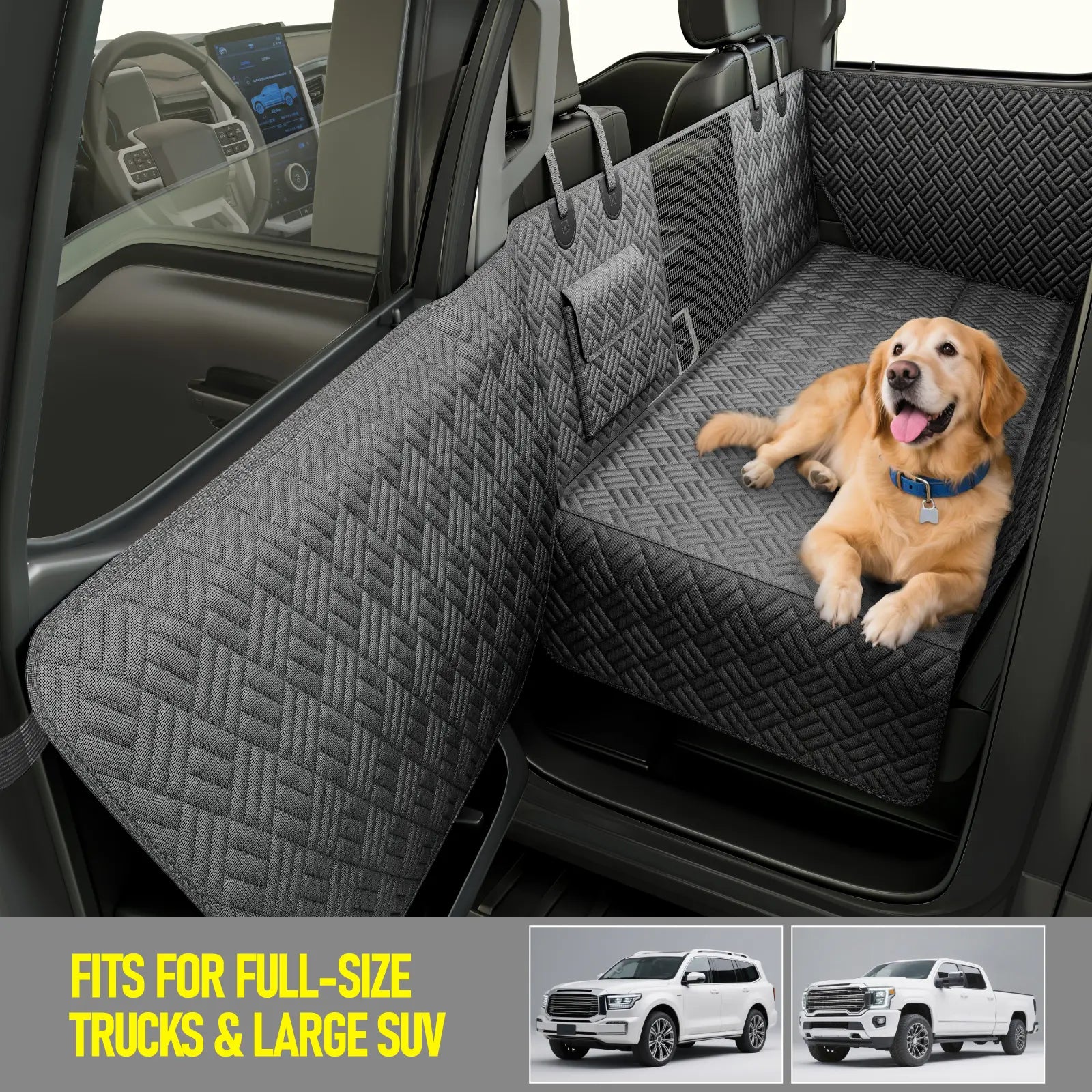 Dog Car Seat Cover with Hard Bottom, Holds up to 400Lbs | Patented Waterproof Dog Hammock Back Seat Extender for Cars, Suvs & Full-Size Trucks (Small & Large Sizes)