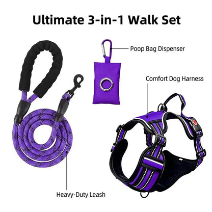 HELETY Purple 3-In-1 No-Pull Dog Vest Harness & Leash Set, Adjustable S-XL Sizes, Dual Front & Back D-Ring Clips, 360° 3M Reflective, Padded Chest, Oxford Fabric, Night Safety, Built-In Poop Bag Holder, Tangle-Free Cooling Step-Design Strap Running Bungee