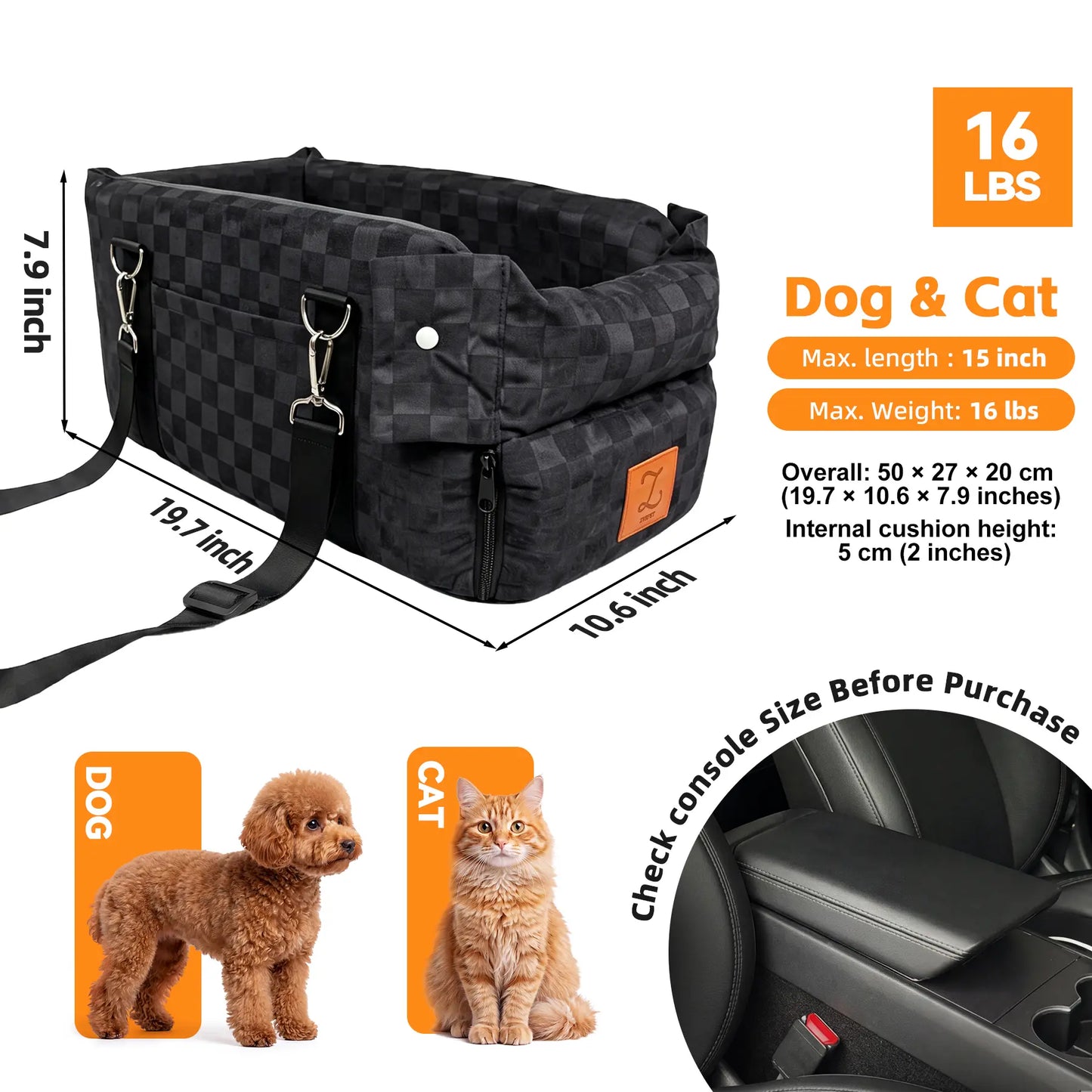 Zvrpet 2-In-1 Console Pet Car Seat and Carrier – Portable Center Console Pet Booster for Small Dogs/Cats, Max 16 Lbs, Anti-Collapse, Washable Cushion, Adjustable Padded Shoulder Strap 43"
