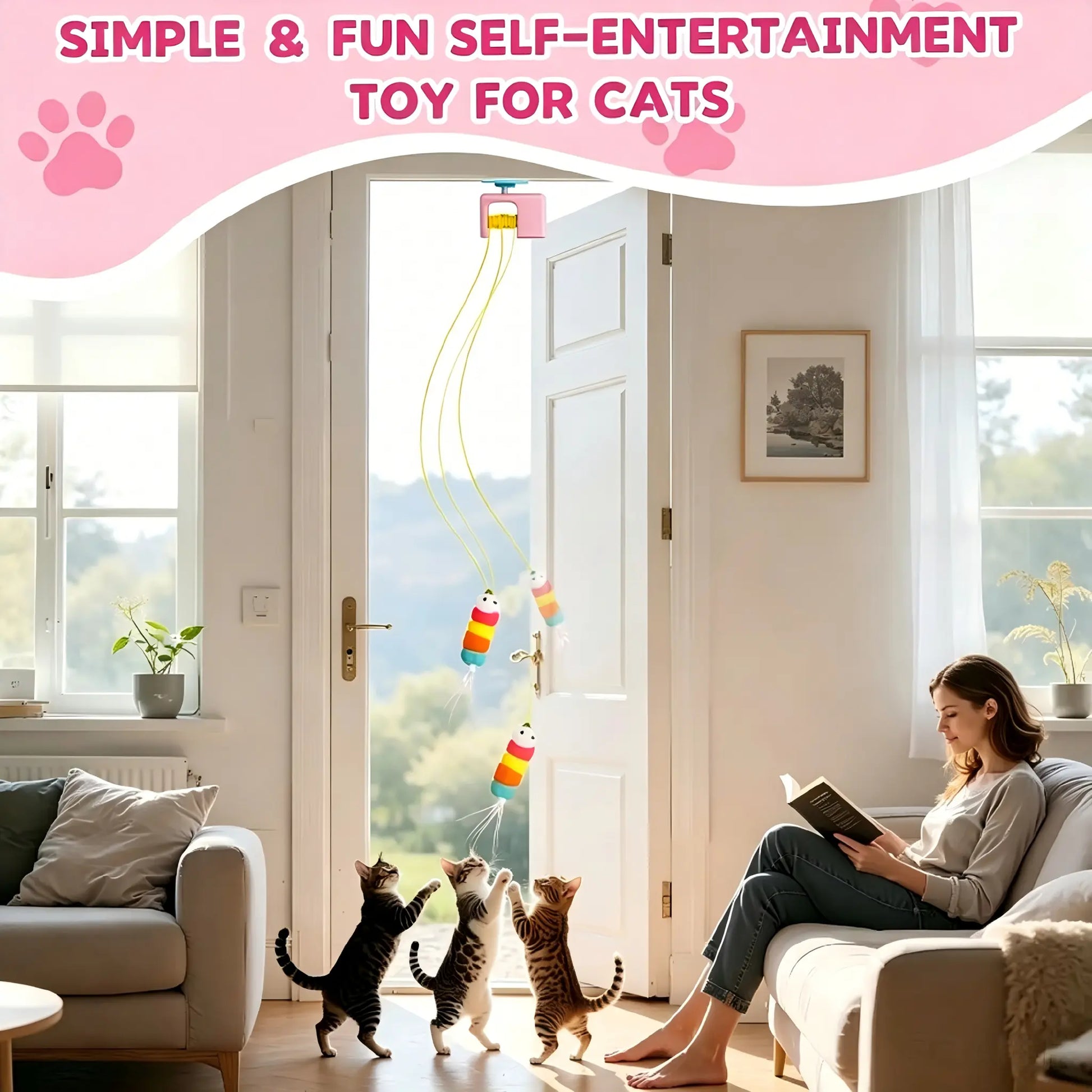 Interactive Retractable Bungee Cat Kitty Toy , Automatic Hanging Door Cat Toy, USB Rechargeable Auto Lifting Cat Teaser, Indoor Self-Play Exercise Toy for Boredom Relief Hanging Door Interactive Cat Teaser Electric Toy Pet Training Gift Breed