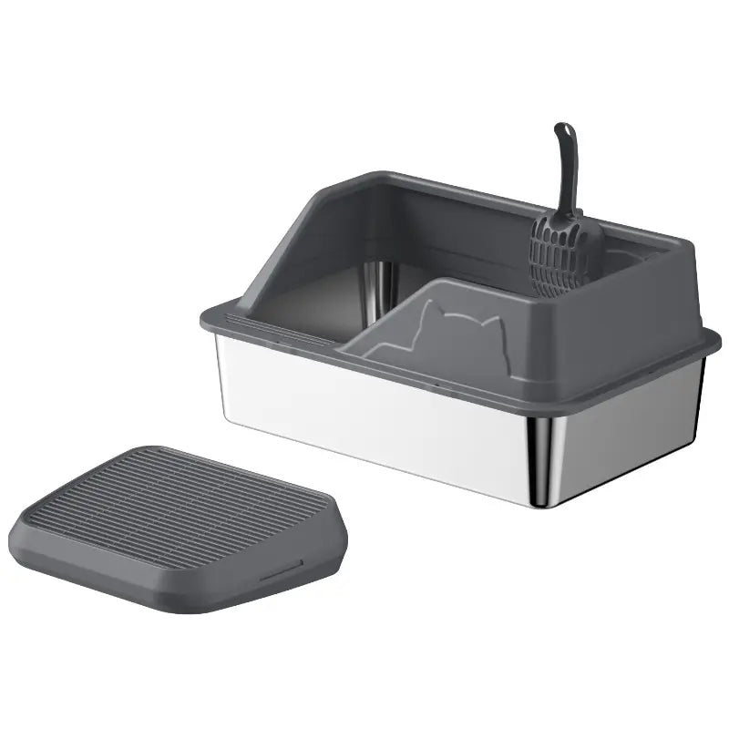 Extra Large Stainless Steel Cat Litter Box with Elevated Anti-Splash Fence and Semi-Enclosed Design for Enhanced Sand Control and Effortless Maintenance