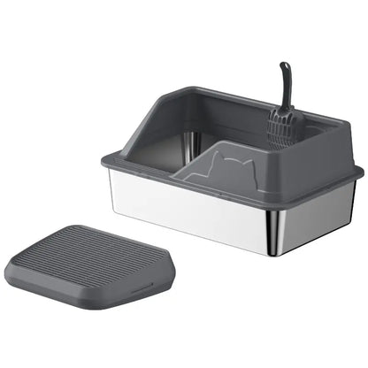 Extra Large Stainless Steel Cat Litter Box with Elevated Anti-Splash Fence and Semi-Enclosed Design for Enhanced Sand Control and Effortless Maintenance