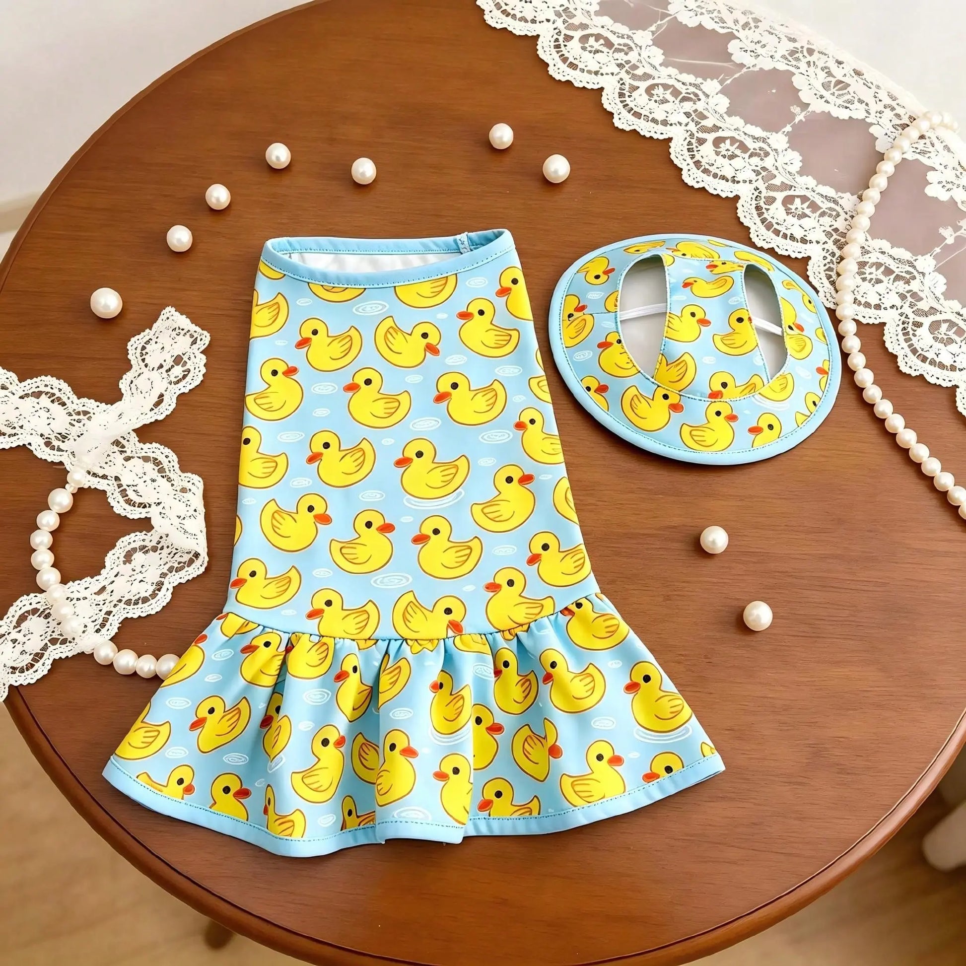 Pet Dog Dress, Blue & Yellow Duck Theme Pet Dress with Hat, Adorable Pet Summer Outfit, Suitable for Small/Medium Dogs and Cats, Spring/Summer Daily Beach Pool Wear for Dogs Cats Puppy, Puppy Clothes
