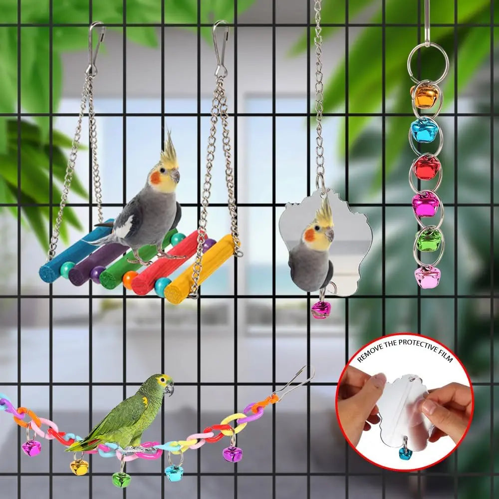 Bird Toys for Parakeets, Parrots, Conures, Cockatiels, Love Birds, Finches, Mynah, Budgerigar - 9 Count Wooden Ladder Bridge, Swing, Hammock, Cage Accessories