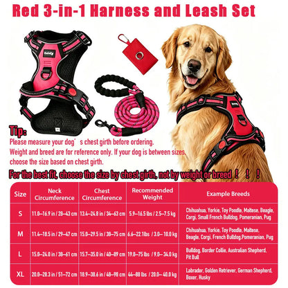 HELETY Purple 3-In-1 No-Pull Dog Vest Harness & Leash Set, Adjustable S-XL Sizes, Dual Front & Back D-Ring Clips, 360° 3M Reflective, Padded Chest, Oxford Fabric, Night Safety, Built-In Poop Bag Holder, Tangle-Free Cooling Step-Design Strap Running Bungee