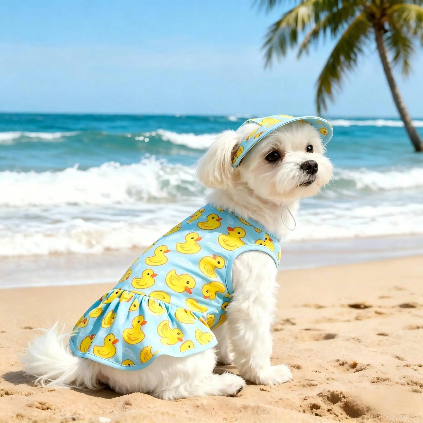 Pet Dog Dress, Blue & Yellow Duck Theme Pet Dress with Hat, Adorable Pet Summer Outfit, Suitable for Small/Medium Dogs and Cats, Spring/Summer Daily Beach Pool Wear for Dogs Cats Puppy, Puppy Clothes